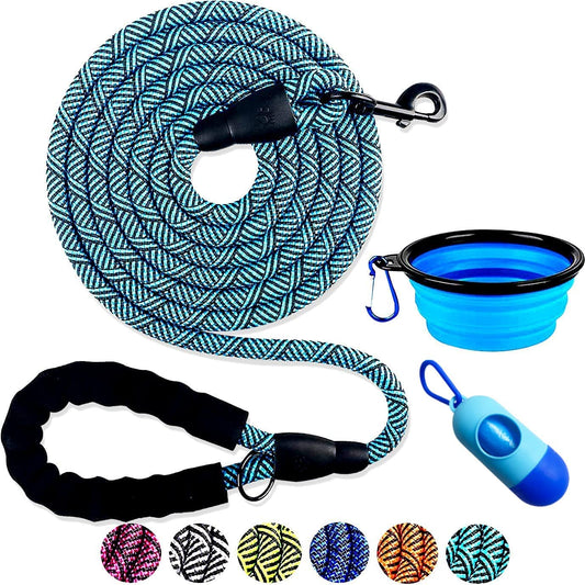 Dog Leash 10FT Thick Durable Nylon Rope - Comfortable Padded Handle Non Reflective Rope Dog Leash for Medium Large Dogs with Collapsible Pet Bowl and Garbage Bags (Non-Reflective10 FT -Blue